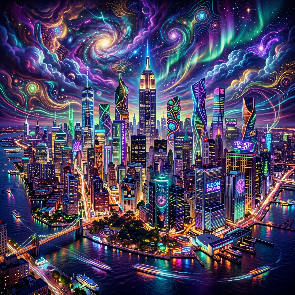 Futuristic city skyline with neon-lit buildings and colorful cosmic swirls in the night sky